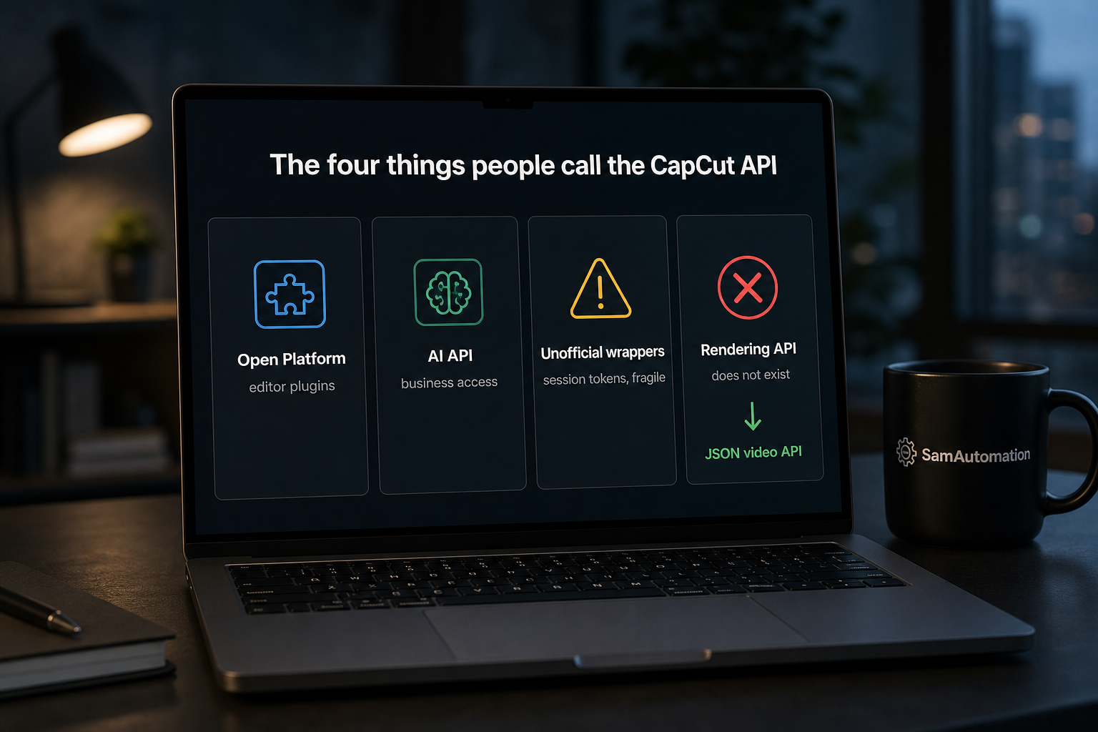 The four things people call the CapCut API: Open Platform editor plugins, AI API via business access, fragile unofficial wrappers, and a rendering API that does not exist