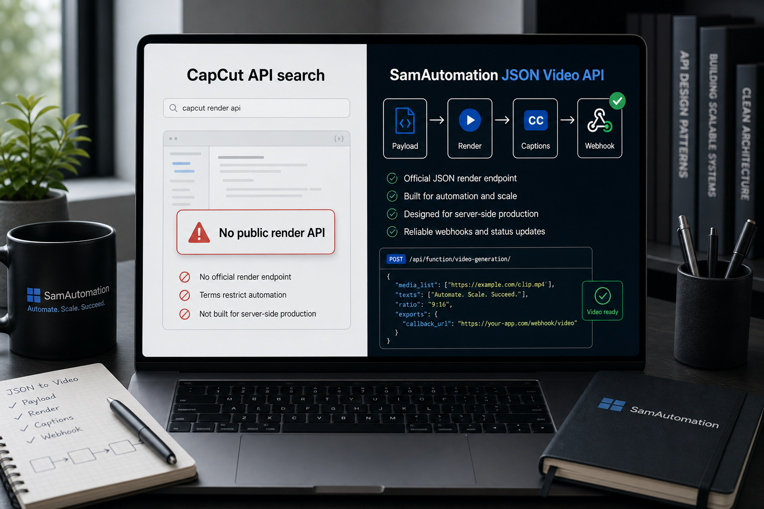 Comparison of CapCut API search intent with a SamAutomation JSON Video API workflow for payload, render, captions and webhook