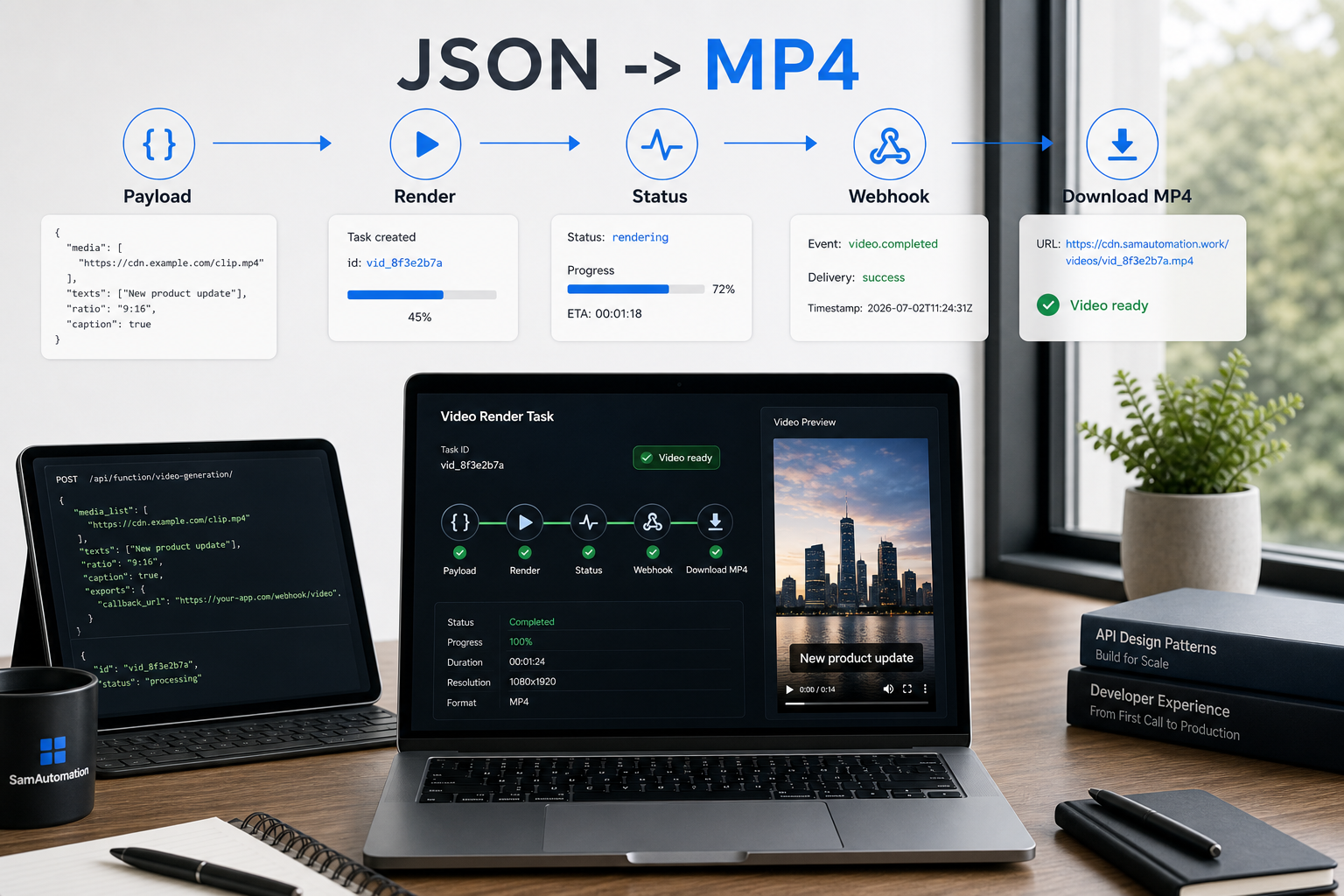 JSON to MP4 workflow showing payload, render status, webhook delivery and finished video download