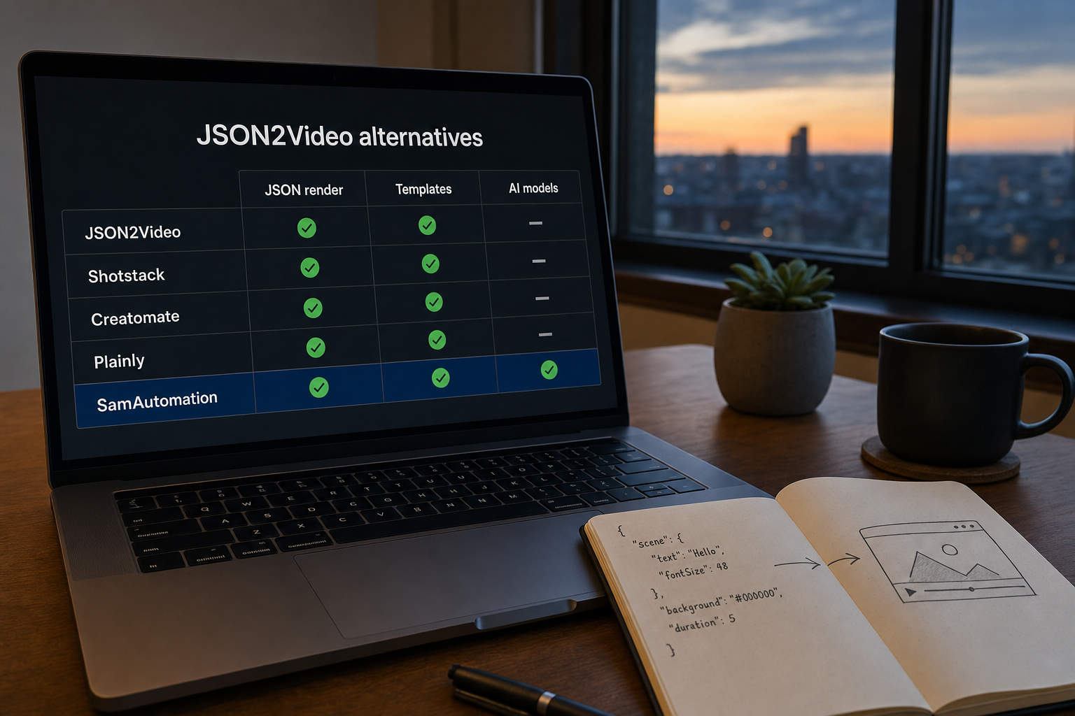 Comparison table of JSON2Video alternatives: JSON2Video, Shotstack, Creatomate, Plainly and SamAutomation scored on JSON rendering, templates and AI models