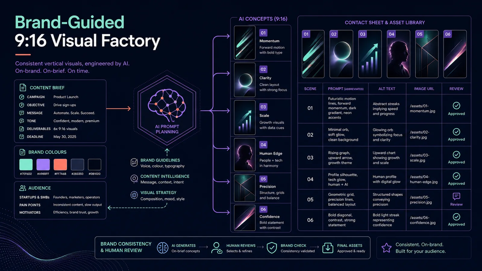 Brand-guided workflow turning a creative brief into three to six vertical AI visuals and review rows