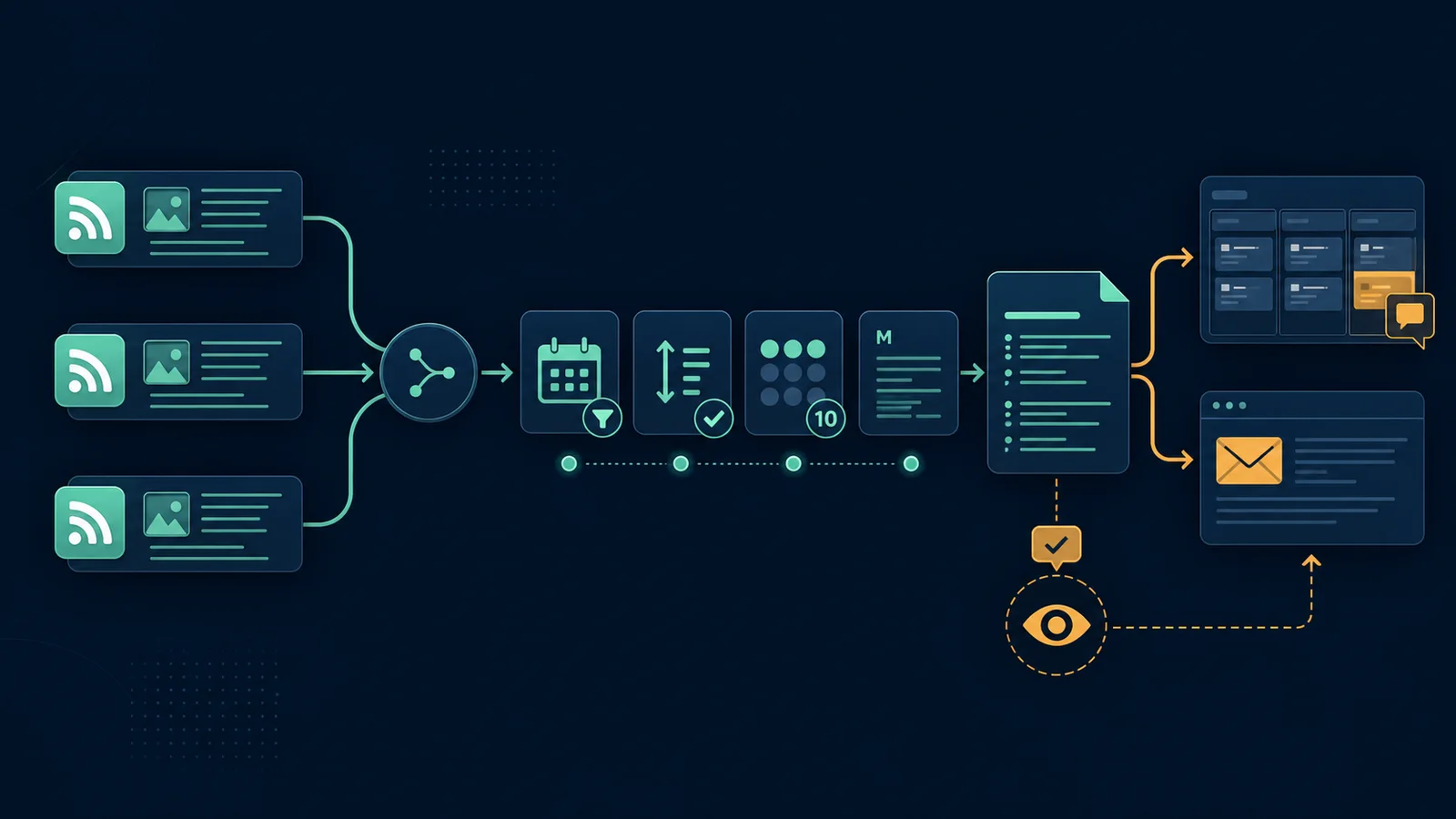 RSS workflow filtering recent articles into a ten-item digest for Trello review and email delivery