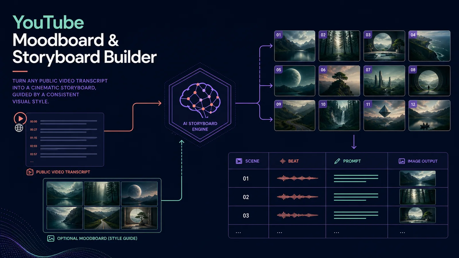 YouTube transcript workflow converted into storyboard scenes, prompts and an optional visual moodboard